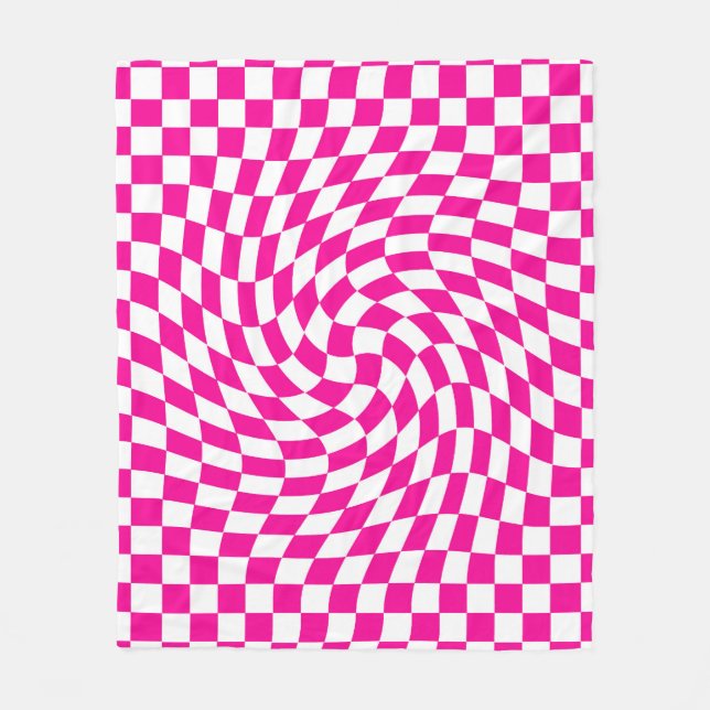 Magenta Pink & White Warped Chic Checkered Pattern Fleece Blanket (Front)
