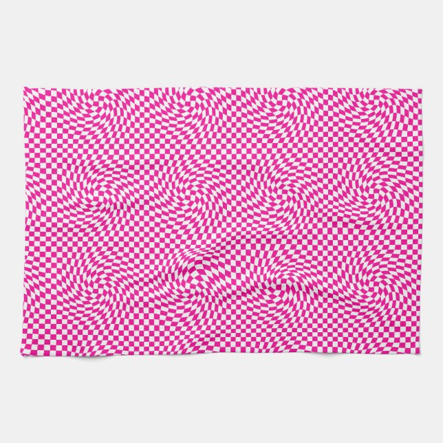 Magenta Pink & White Warped Chic Checkered Pattern Kitchen Towel (Horizontal)