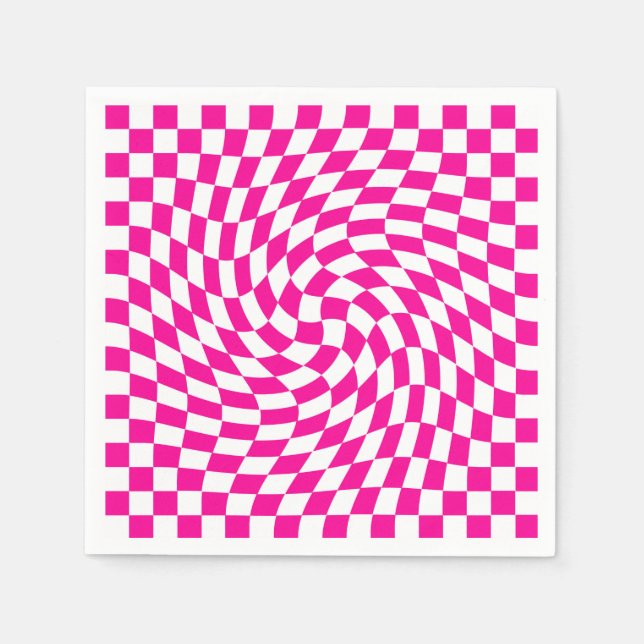 Magenta Pink & White Warped Chic Checkered Pattern Napkins (Front)