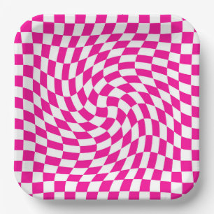 Magenta Pink & White Warped Chic Checkered Pattern Paper Plates