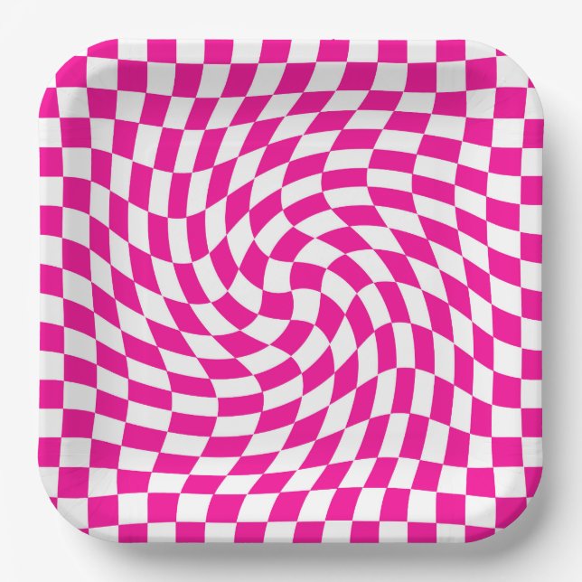 Magenta Pink & White Warped Chic Checkered Pattern Paper Plates (Front)