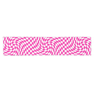 Magenta Pink & White Warped Chic Checkered Pattern Short Table Runner