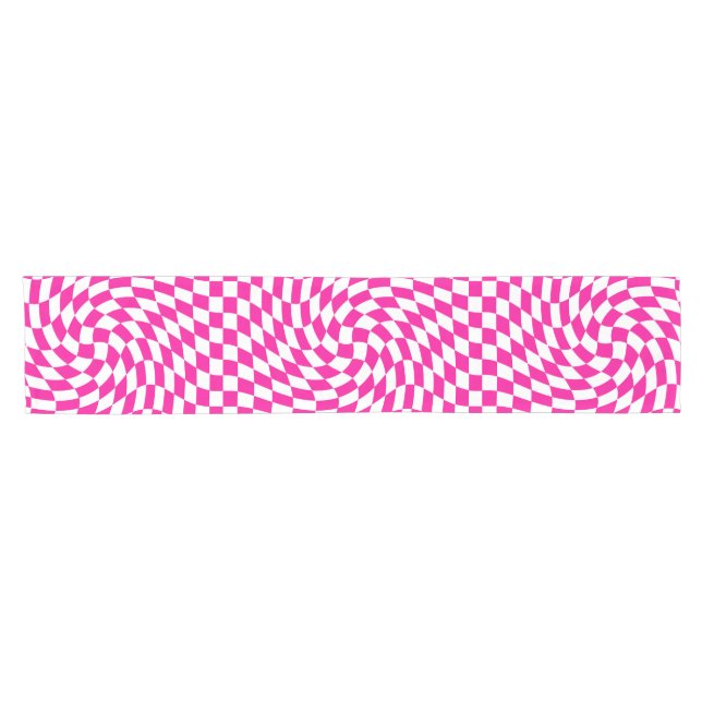 Magenta Pink & White Warped Chic Checkered Pattern Short Table Runner (Horizontal)