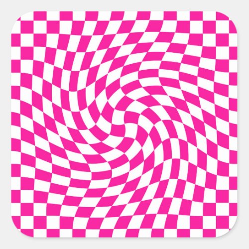 Magenta Pink  White Warped Chic Checkered Pattern Square Sticker
