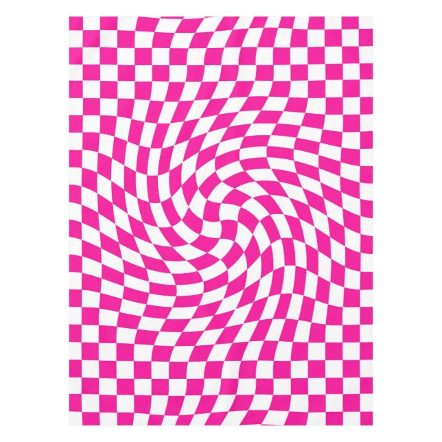 Magenta Pink & White Warped Chic Checkered Pattern Tablecloth (Front)