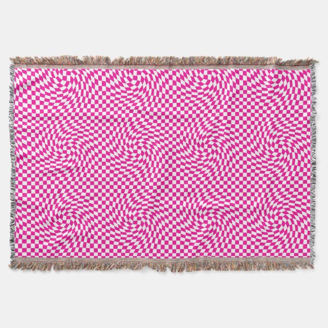 Magenta Pink & White Warped Chic Checkered Pattern Throw Blanket (Front)