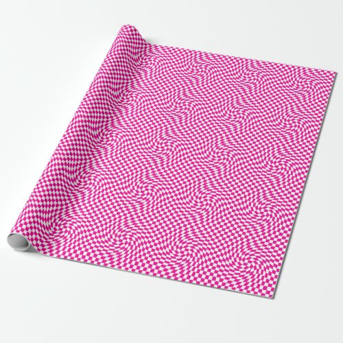 Magenta Pink  White Warped Chic Checkered Pattern Wrapping Paper