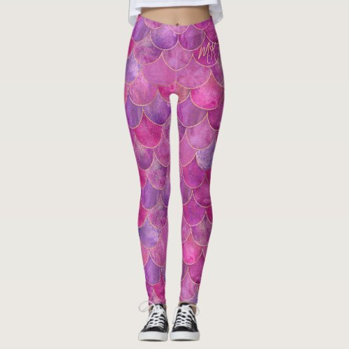 Magenta Pink with Gold Scales Monogram Mermaid  Leggings