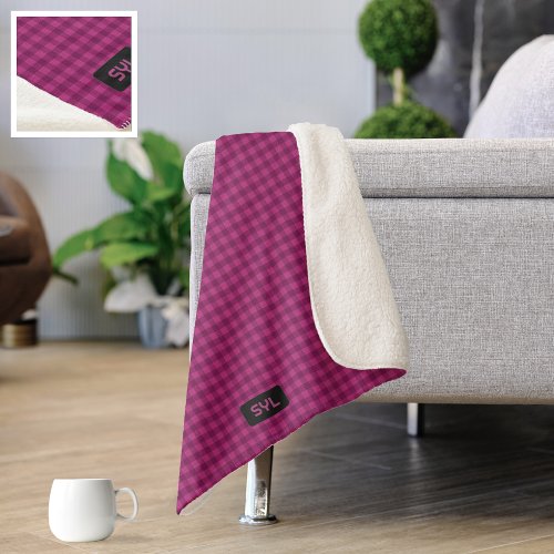 Magenta Plaid with Own Intials _ Fuchsia Knit Look Sherpa Blanket