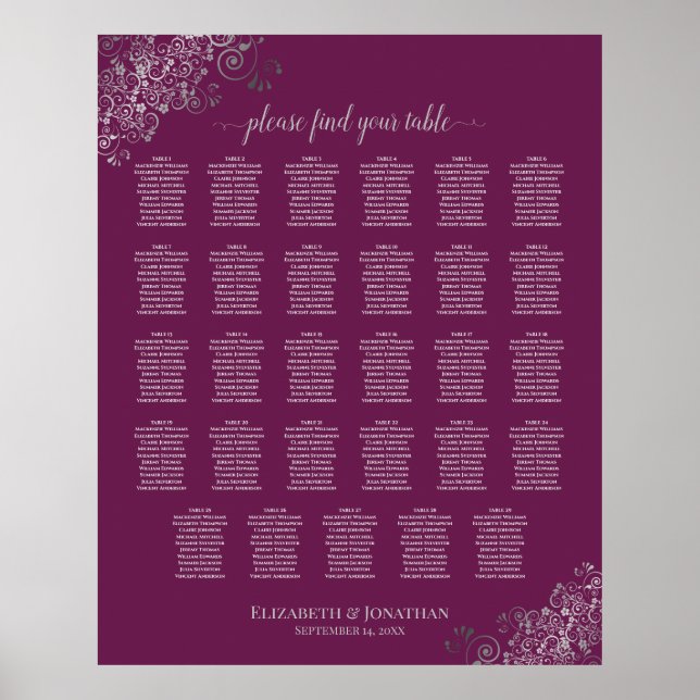 Magenta Plum 29 Table Silver Wedding Seating Chart (Front)