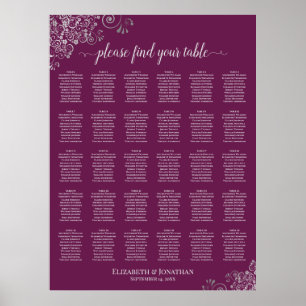 Magenta Plum 30 Table Wedding Seating Chart Silver