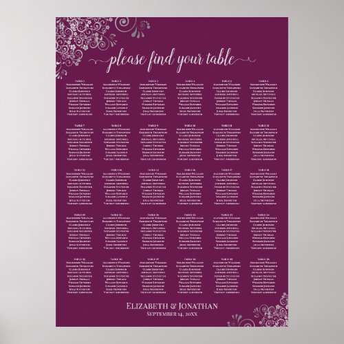 Magenta Plum 30 Table Wedding Seating Chart Silver