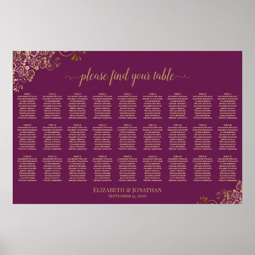Magenta Plum & Gold 27 Table Wedding Seating Chart