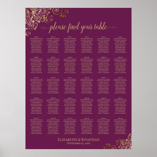 Magenta Plum & Gold 30 Table Wedding Seating Chart