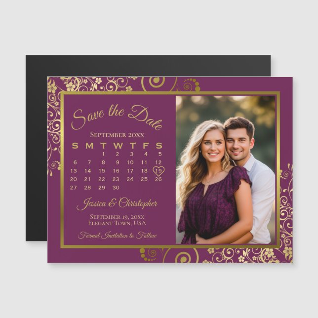 Magenta Plum Gold Calendar Photo Save Date Magnet (Front/Back)