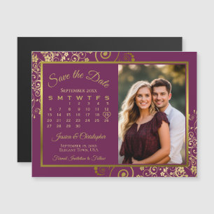Magenta Plum Gold Calendar Photo Save Date Magnet