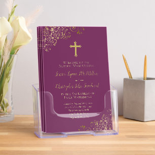 Magenta Plum & Gold Catholic Wedding Program Brochure