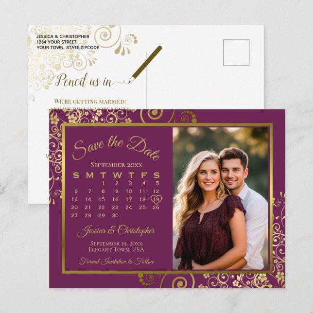 Magenta Plum Gold Wedding Save Date Calendar Photo Announcement Postcard (Front/Back)