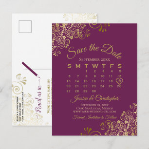 Magenta Plum & Gold Wedding Save the Date Calendar Announcement Postcard