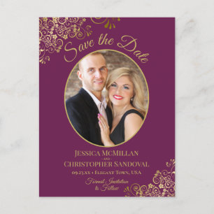 Magenta Plum & Gold Wedding Save the Date Photo Announcement Postcard