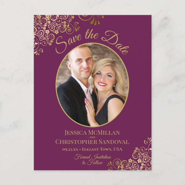 Magenta Plum & Gold Wedding Save the Date Photo Announcement Postcard (Front)