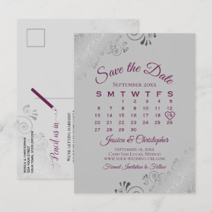 Magenta Plum & Gray Wedding Save the Date Calendar Announcement Postcard