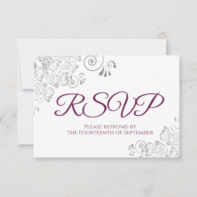 Magenta Plum on White Elegant Silver Lace Wedding RSVP Card (Front)