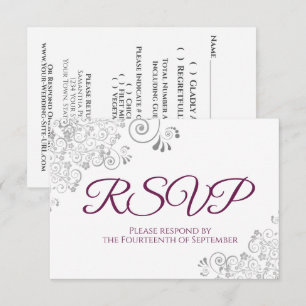 Magenta Plum on White Elegant Silver Lace Wedding RSVP Card