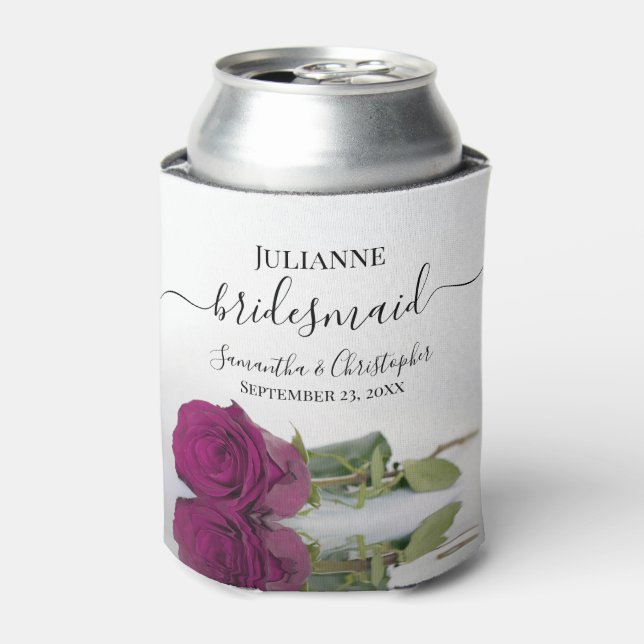 Magenta Plum Rose Elegant Bridesmaid Wedding Can Cooler (Can Front)