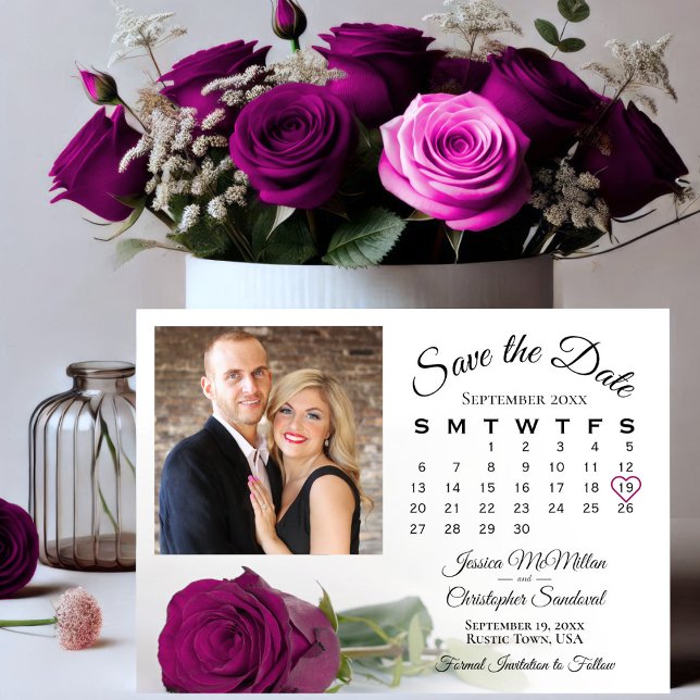 Magenta Plum Rose Elegant Wedding Calendar & Photo Save The Date (Creator Uploaded)