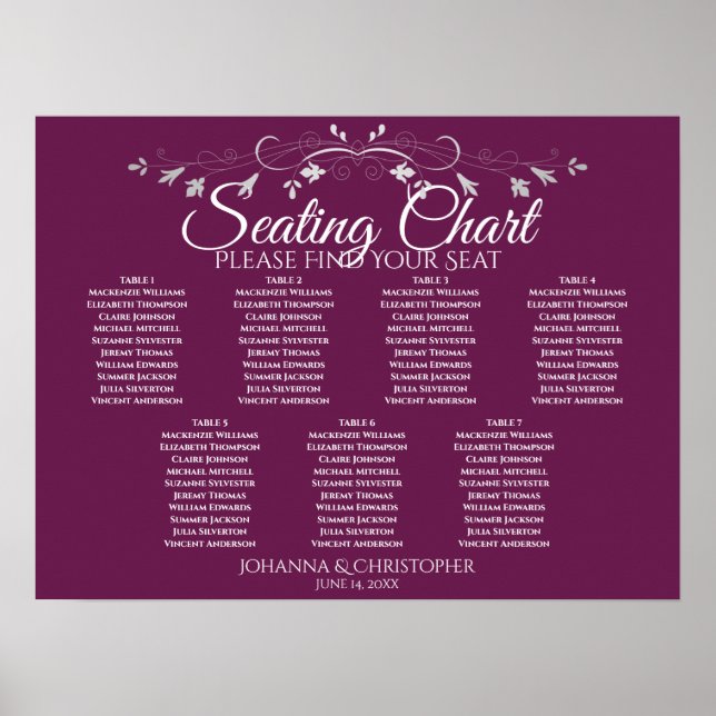 Magenta Plum Silver 7 Table Wedding Seating Chart (Front)