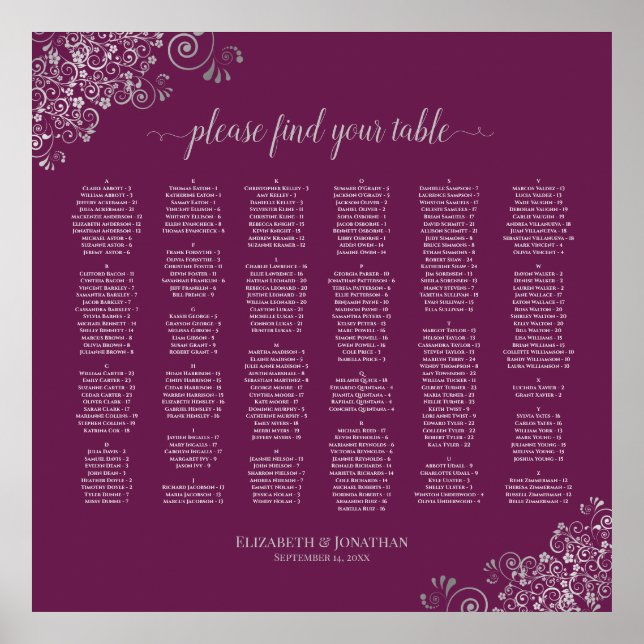 Magenta Plum & Silver Alphabetical Seating Chart (Front)