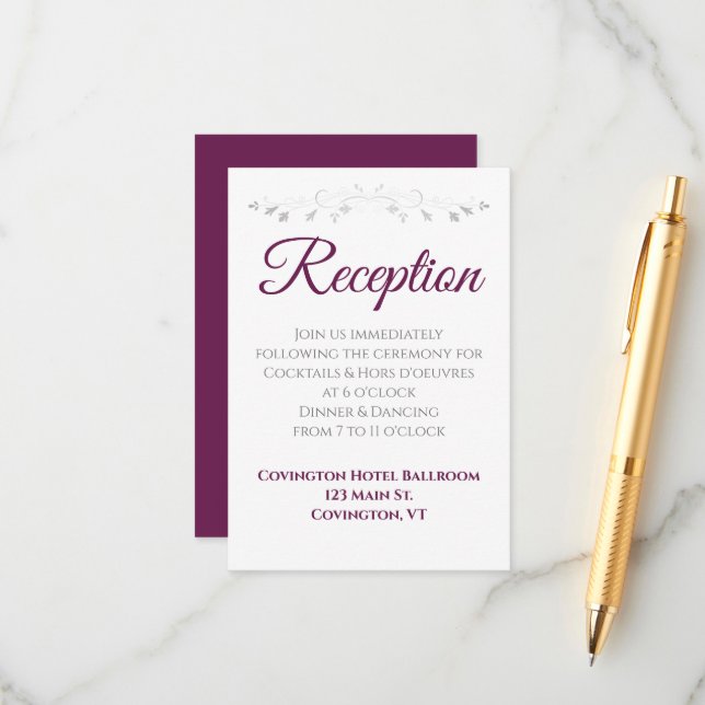 Magenta Plum Simple Elegant Wedding Reception Enclosure Card (Front/Back In Situ)