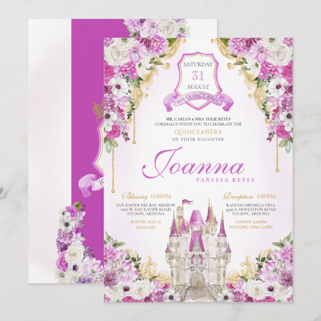 Magenta Princess Castle Royal Quinceanera Invitation (Front/Back)
