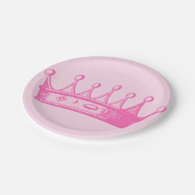 Magenta Princess Crown on Pink Background Paper Plates (Angled)