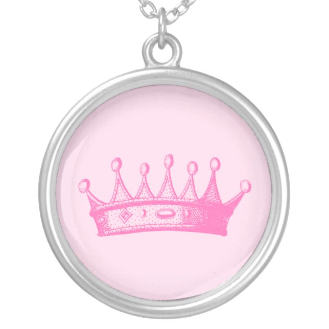 Magenta Princess Crown on Pink Background Silver Plated Necklace (Front)