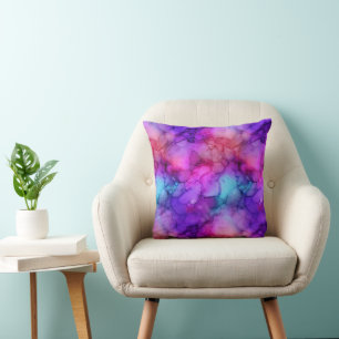 Magenta Purple and Teal Watercolor Marble Throw Pillow
