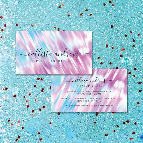 Magenta Purple Aqua Blue Holographic Makeup Artist Business Card