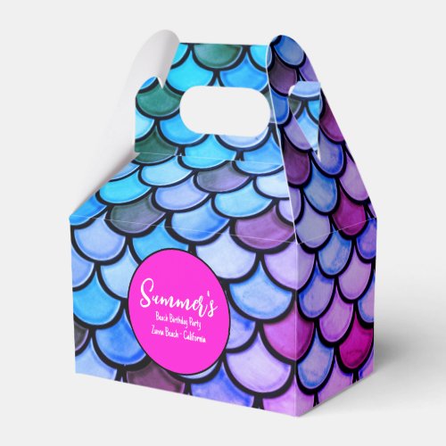 Magenta Purple Blue Mermaid Scales Beach Birthday Favor Boxes