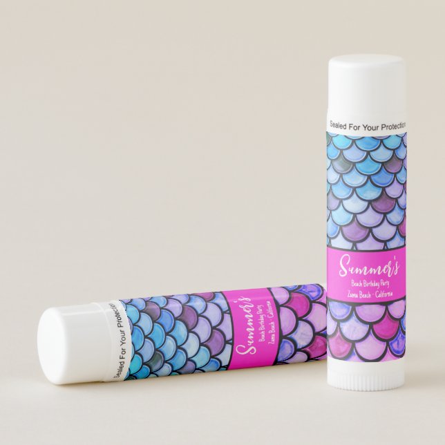 Magenta Purple Blue Mermaid Scales Beach Birthday Lip Balm (Front)