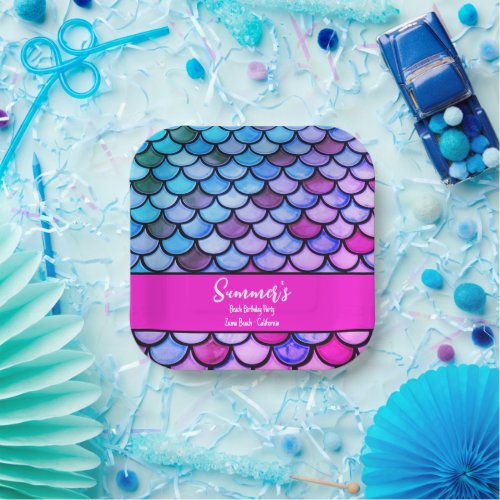 Magenta Purple Blue Mermaid Scales Beach Birthday Paper Plates