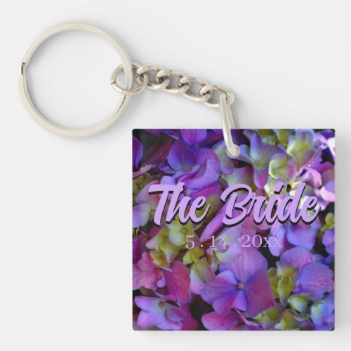 Magenta Purple blue yellow Hydrangeas flower Bride Keychain