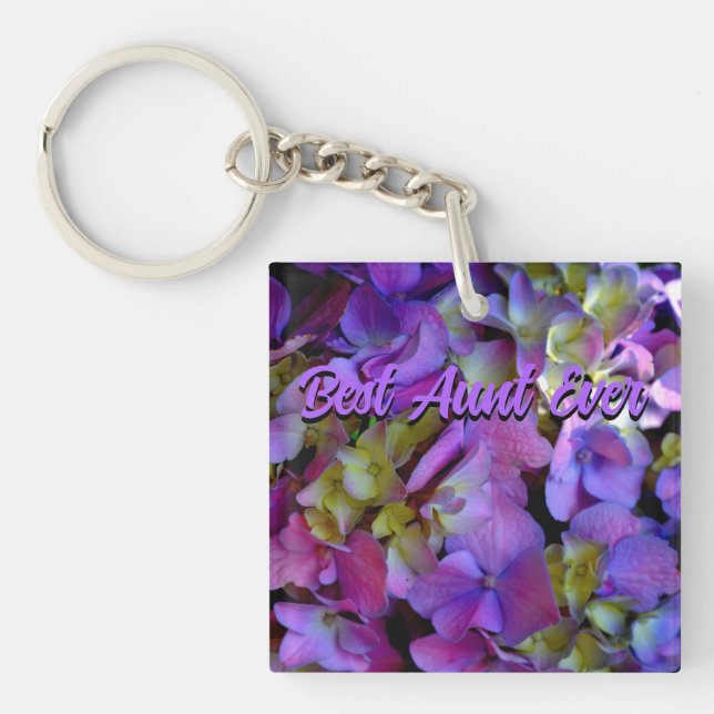 Magenta Purple blue yellow Hydrangeas flowers Aunt Keychain (Front)