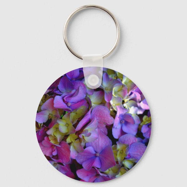 Magenta Purple blue yellow Hydrangeas flowers Keychain (Front)