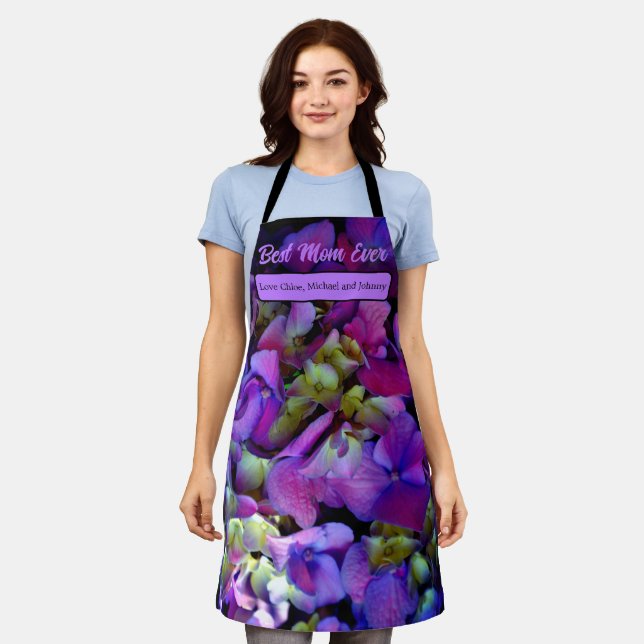 Magenta Purple blue yellow Hydrangeas flowers, mom Apron (Worn)