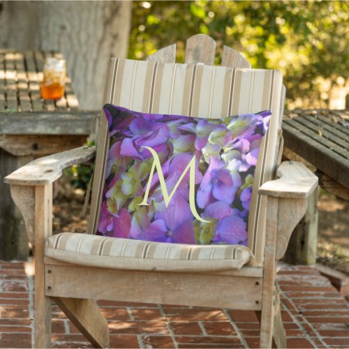 Magenta Purple blue yellow Hydrangeas flowers Outdoor Pillow