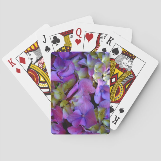 Magenta Purple blue yellow Hydrangeas flowers Poker Cards (Back)