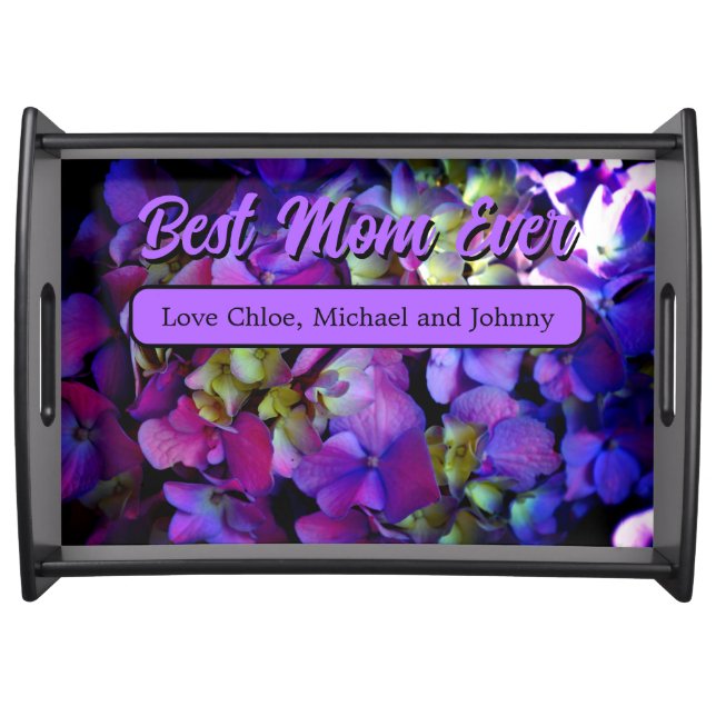 Magenta Purple blue yellow Hydrangeas flowers Serving Tray (Front)