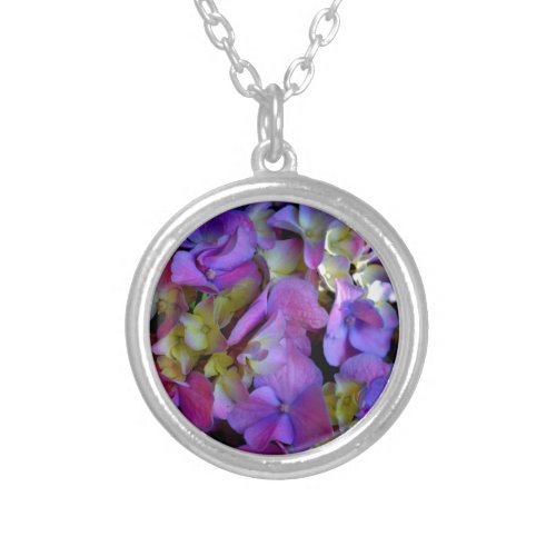 Magenta Purple blue yellow Hydrangeas flowers Silver Plated Necklace