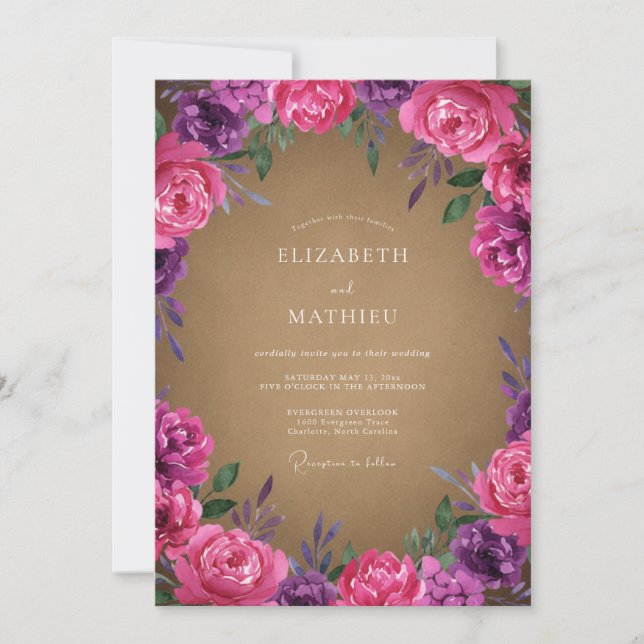 Magenta Purple Botanical Floral Wedding Invitation (Front)
